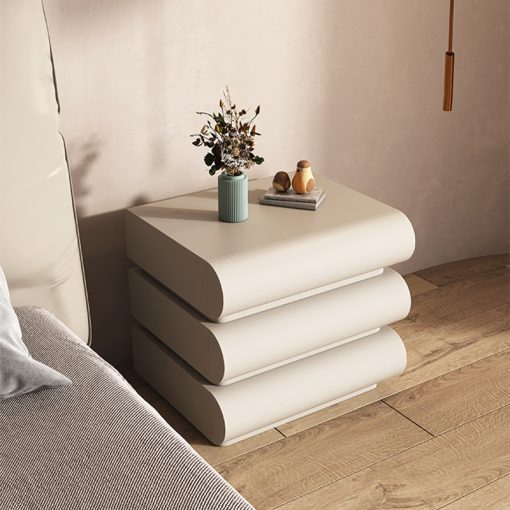 Minimalist Solid Wood Nightstand with 3 Drawers, Large Capacity Leather Modern Bedside Table, Tall Side Table with Storage for Bedroom, Living Room, Bedroom, Studio, Creamy White