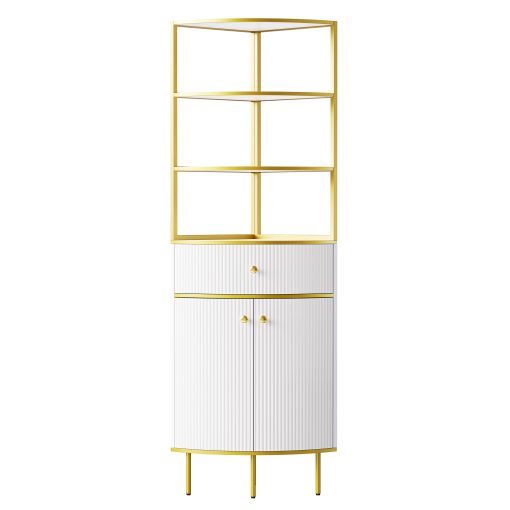 74.8" Tall Modern Corner Bookshelf, Fan-Shaped Bookcase with 1 Drawer and 2 Doors, Wooden Standing Corner Shelf with Gold Metal Frame for Living Room, Home Office, White