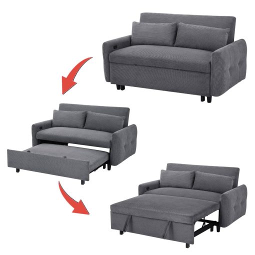 57.48" Pull-Out Sofa Bed Convertible Couch 2 Seat Loveseat Sofa Modern Sleeper Sofa with Two Throw Pillows and USB Ports for Living Room