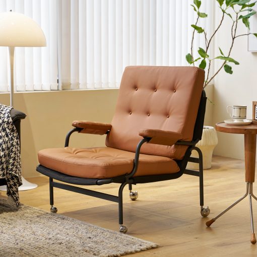 Bonded Leather Armchair, Modern Accent Chair High Back, Living Room Chairs with Wheels Metal Legs and Soft Padded, Sofa Chairs for Home Office, Bedroom, Dining Room, Brown