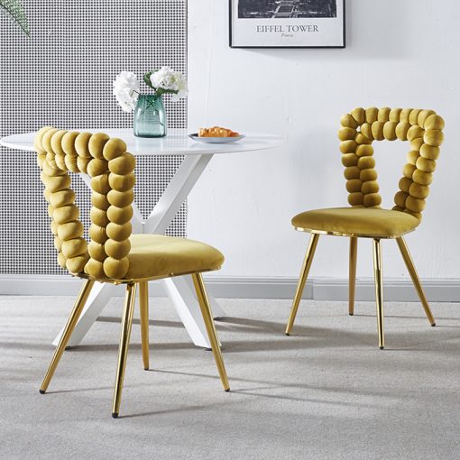 Velvet Dining Chairs Set of 2, Modern Upholstered Accent Chairs with Gold Metal Legs, Suitable for Dining Room, Living Room, Cafe, Hairball Back