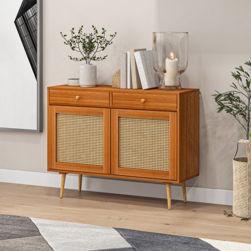 Storage Cabinet, Boho Kitchen Cabinet with 2 Drawers, Adjustable Shelf, Rattan Doors and Wooden Legs, Accent Cabinet for Living Room, Light Brown