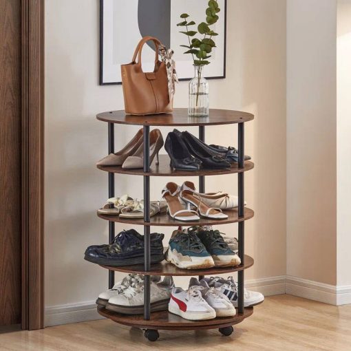 4-Tier Revolving Lazy Susan Shoe Rack Storage Organizer, Round Pushable Wooden Shoe Cabinet on Wheels for Living Room Entryway Doorway, Brown