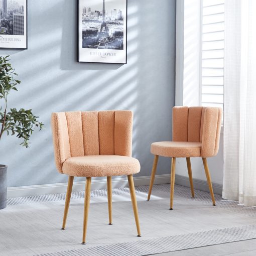 Modern Dining Chair Set of 2 with Iron Tube Wood Legs, Shorthair Cushions and Comfortable Backrest, Sherpa Accent Chairs Suitable for Dining Room, Living Room, Cafe