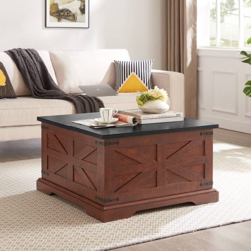 Farmhouse Coffee Table, Square Wood Center Table with Large Hidden Storage Compartment for Living Room, Barn Design Center Table Rustic Cocktail Table with Hinged Lift Top