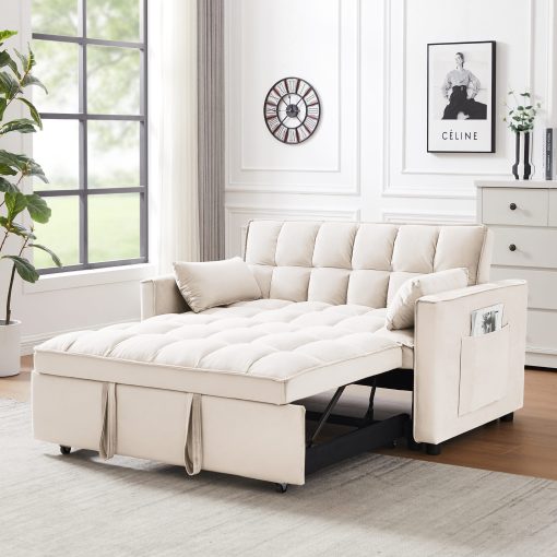 Modern Velvet Loveseat Futon Sofa Couch w/Pullout Bed, Lounge Sofa w/Reclining Backrest, Toss Pillows, Pockets, 3 in 1 Convertible Sleeper Sofa Bed for Living Room