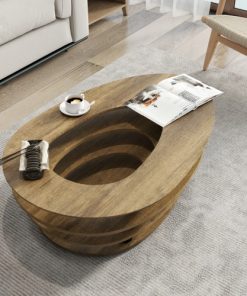 Solid Wood Oval Coffee Table, 3-Tier Mid Century Oval Center Table, 42" Wooden Coffee Tables Unique Empty Middle Desgin for Living Room, Bedroom, Light Brown