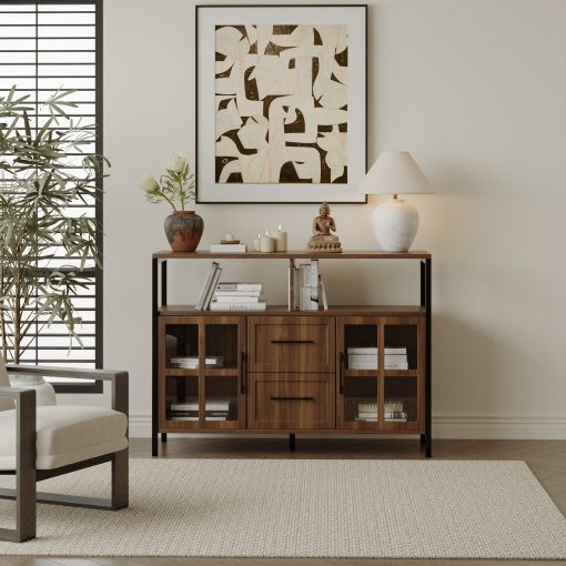 Wooden Storage Cabinet with Two Storage Rooms for Living Room, Modern Kitchen Utensils Cabinet, Corridor Dining Room Transparent Glass Cabinet, Brown