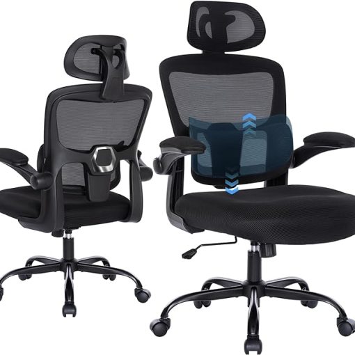 Office Desk Chair, Ergonomic Breathable Mesh Swivel Computer Chair, Lumbar Back Support Task Chair with Wheels and Flip-up Arms, Executive Rolling Chair for Adults