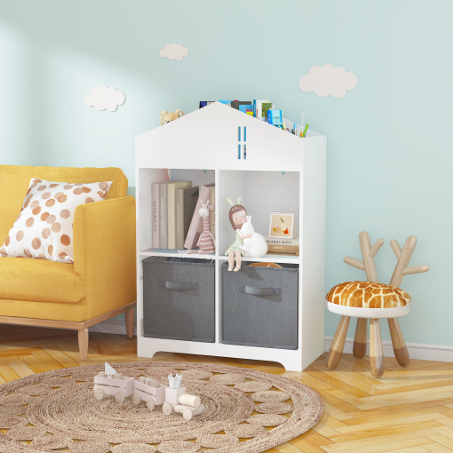 Kids Dollhouse Bookcase with Storage, 2-Tier Storage Display Organizer, Toddler Bookshelf with 2 Collapsible Fabric Drawers for Bedroom or Playroom