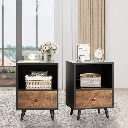 2 of Bedside Cupboard with 1 Drawer and Short Legs, End Table with Storing Shelf, Indoors, Black