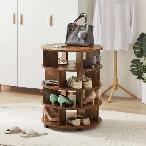 4-Tier 16 Paris Revolving Lazy Susan Shoe Rack Storage Organizer, Round Pushable Wooden Shoe Cabinet on Wheels for Living Room Entryway Doorway