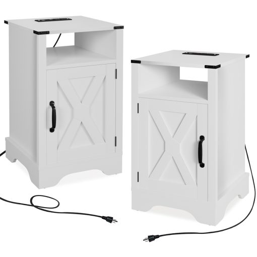 Nightstand Set of 2 with Charging Station, Industrial Bedside Table with Storage, Bedroom Side Table End Table with Barn Door, Tall Wooden Night Stand Set