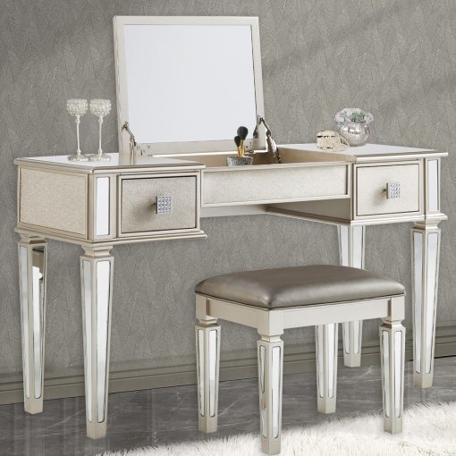 30" Makeup Vanities Desk with Flip Top Dressing Table with 2 Drawers, Wood Makeup Vanity Table Set with Cushioned Stool Use for Women, Silver