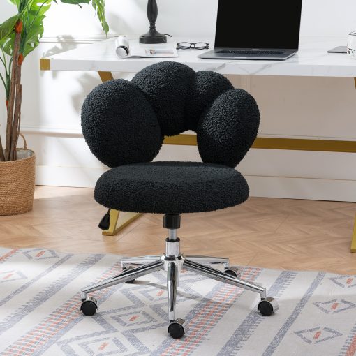 Office Desk Chair with 360°Swivel Wheels, Modern Cute Teddy Vanity Chair with Back Adjustable Height, Upholstered Comfy Fuzzy Armless Chair for Bedroom Dressing Room