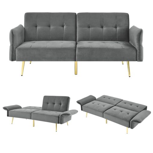 78" Velvet Futon Sofa Bed, Convertible Sleeper Loveseat Couch with Folded Armrests and Storage Bags for Living Roo
